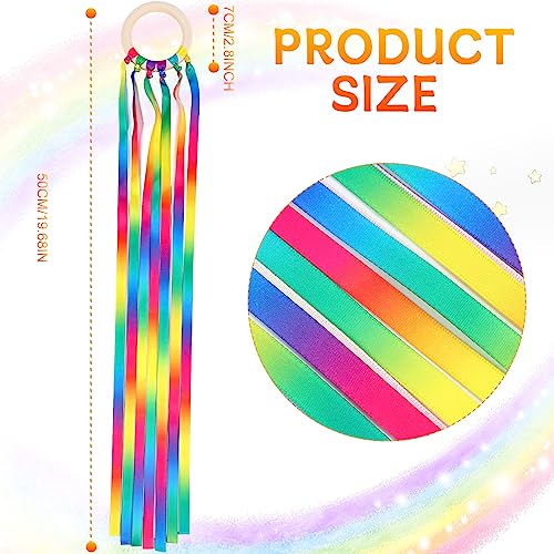 Sumind 6 Pcs Rainbow Ribbon Hand Kites Wands for Kids Dancer Streamer String Toy Thrown Waldorf Wand with Wooden Ring Wand Learning Educational(Warm Colors) - style: Warm Colors