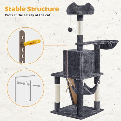 Yaheetech Cat Tree | 54-Inch Multi-Level Cat Tower | with 3 Scratching Posts, Plush Condo, Top Perch, Hammock & Climbing Ladder | Play House | for Indoor Cats | Dark Gray - color: Dark Gray