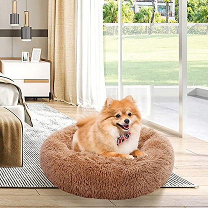 Calming Donut Dog Bed for Small to Medium Dogs & Cats - Plush Faux Fur Anti-Anxiety Pet Bed with Machine Washable Cover & Non-Slip Base - color: Brown, size: X-Small 15.7''