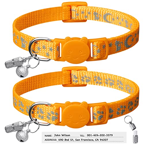 LLHK 2 Pack Breakaway Cat Collars & 2 Pcs Name Tags,Reflective Safety Kitten Collar with Bell,for Girl Boy Male Cats,Adjustable 7''-12'', Personalized ID Tag,Pet Supplies,Accessories - color: Orange