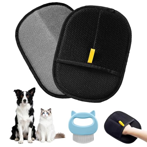 2 Pcs Black Double Sided Pet Hair Removal Gloves, Electrostatic Magic Brush Pet Hair Remover and Grooming Tool with Shell Comb for Dogs & Cats, Sofa, Bed, Car and Furniture