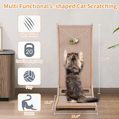 Sisal Cat Scratchers for Indoor Cats, 26.8'' L-Shape Cat Scratching Board, Solid Wooden Cats Scratch Pad with Mouse Toy, Large Cats Scratching Posts to Protect Furniture(Vertical Scratcher) - size: Vertical