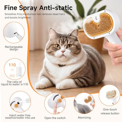 3-in-1 Pet Steam Brush Set for Dogs & Cats, Grooming Comb with Spray, Defur Tool, Water-Assisted Hair Removal, Gentle Cat & Dog Spritz Brush, Multi-Purpose Steam Grooming Kit - size: 7.8″-10ML