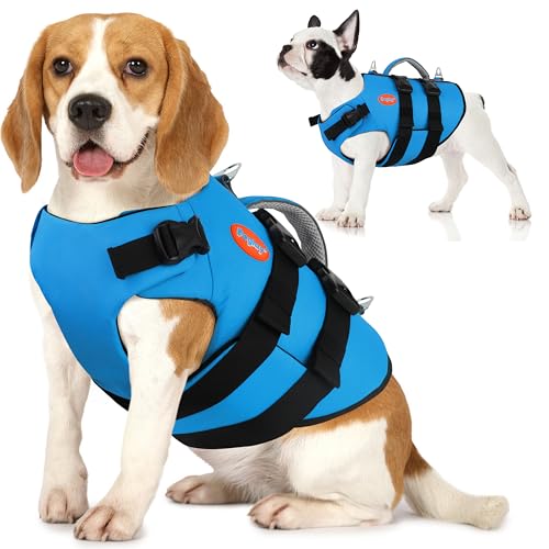 Dog Life Jacket Neoprene, High Buoyancy Dog Harness Life Vest for Swimming and Boating, Adjustable Swim Vest with Rescue Handle for Small Medium Large Dogs - color: Blue, size: X-Large
