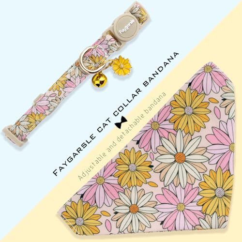 Faygarsle 2 Pack Floral Cat Collar Set with Bandana and Bow Tie, Pink and Yellow Daisy Pattern, Breakaway Safety Buckle - color: Yellow Flower