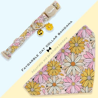 Faygarsle 2 Pack Floral Cat Collar Set with Bandana and Bow Tie, Pink and Yellow Daisy Pattern, Breakaway Safety Buckle - color: Yellow Flower