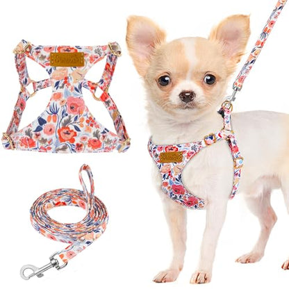 Lukovee Puppy Harness and Leash Set, No Pull Lightweight Soft Suede Adjustable Pet Harness Vest with Snap Buckle for Puppy Small and Medium Size Dog (Flower-XXS) - color: Flower, size: XX-Small ( 2.2-6lb )