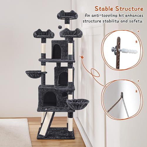 Yaheetech 76.5in Multi-Level Large Cat Tree, Big Cat Tower with 3 Condos, Cozy Plush Perches, 9 Sisal Scratching Posts and Ladder, Activity Center for Large Kitties, Black - color: Black