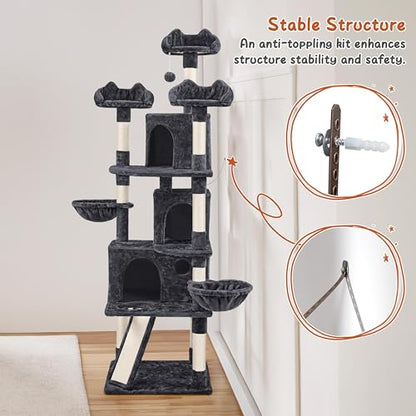 Yaheetech 76.5in Multi-Level Large Cat Tree, Big Cat Tower with 3 Condos, Cozy Plush Perches, 9 Sisal Scratching Posts and Ladder, Activity Center for Large Kitties, Black - color: Black