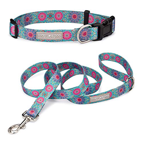 Lucky Love Dog, Boho Chic Matching Dog Collar and Leash Set, Vivid Pink and Turquoise Collar and Leash for Dogs, Soft, Adjustable, Safe for Training and Walking - (X-Small, Clara Combo) - color: Clara Collar/Leash Combo, size: X-Small | 7-11"