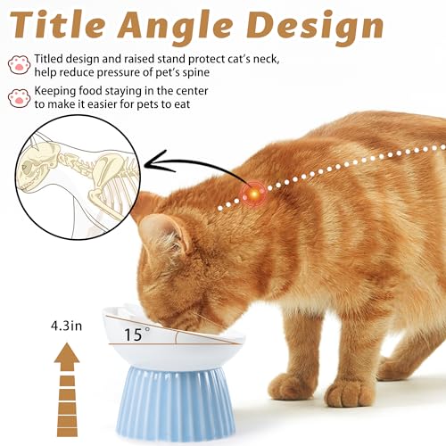 Ceramic Raised Cat Bowl，Tilted Raised Cat Bowl Anti Vomit Cat Bowls for Indoor Cats Whisker Friendly Pet Feeder for Cats Puppies, Microwave and Dishwasher Safe, Blue - color: Blue