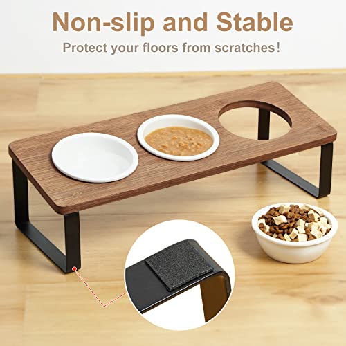 Raised Cat Food Water Bowl Elevated Tilted Kitty Dishes Set of 3 Ceramic Dish for Indoor Cats Orthopedic Pet Food Stand Reduces Vomiting 3 Bowl Cat Feeder Easy Assembly(Brown) - color: Brown
