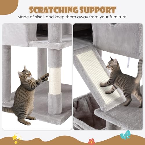 SHA CERLIN 81in Multi-Level Tall Cat Tree Tower for Indoor Kitties/Larger Cat Condo Furniture with Hammock/Cozy Pussycat Perches/Sisal Scratching Posts/Pet House/Wide Base/Grey - color: Grey