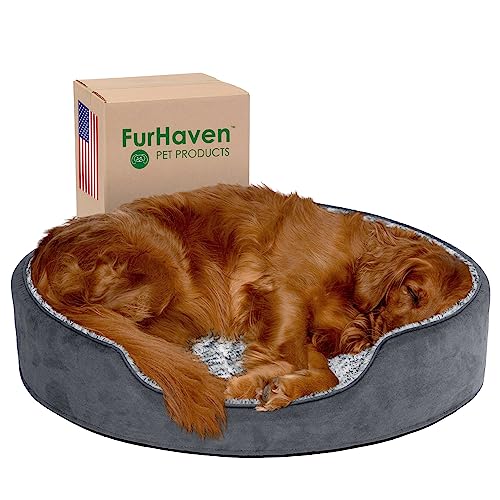 Furhaven Dog Bed for Large Dogs w/ Removable Washable Cover & Pillow Cushion Insert, For Dogs Up to 55 lbs - Two-Tone Faux Fur & Suede Oval Lounger - Gray, XL/Extra Large - color: Two Tone Gray, size: X-Large