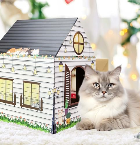 Cardboard Cat House with Scratcher 16"x 13"x19" Cat Scratch House for Indoor Cats’ Birthday Large Cat Scratcher Box