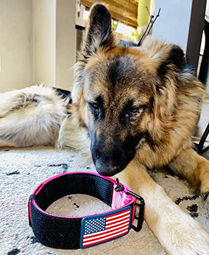 Tactical Dog Collar 2 Inch Wide Heavy Duty with Metal 2-Pin Belt Buckle for Medium, Large & XL Dogs, Thick Military-Style K9 Collar, Reflective, with Name Plate Area, USA Flag Patch, Strong & Durable - color: PINK, size: 12-20 inches