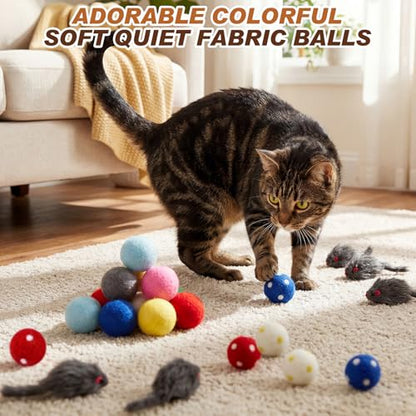 Outus 15 Pcs Toys for Cats Kittens Bulk with 6 Furry Cat Mice Interactive Catch Play 9 Wool Pom Toy Ball Fur Mouse Soft Quiet Fabric Kitty Balls for Indoor Yard House Patio, No Catnip
