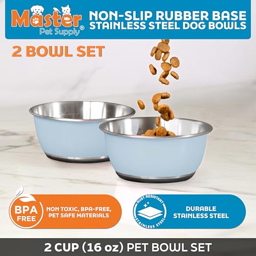 Master Pet Supply Stainless Steel Dog Bowls Set of 2 (16 Oz Each) with Non-Slip Rubber Base - Glacier Blue - Basic Dog Food Bowl Water & Food Bowls for Small Medium Large Dogs & Cats, Metal Dish - color: Glacier Blue, size: 2 Cups (16 oz) 2 Pack