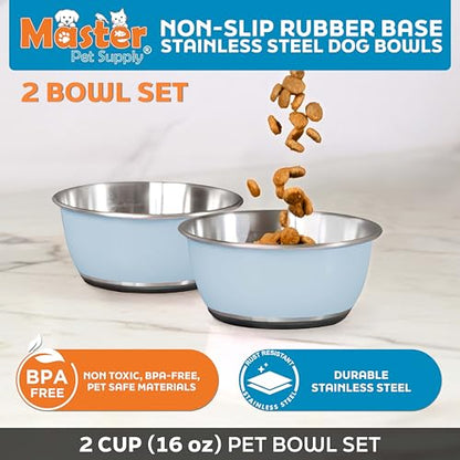 Master Pet Supply Stainless Steel Dog Bowls Set of 2 (16 Oz Each) with Non-Slip Rubber Base - Glacier Blue - Basic Dog Food Bowl Water & Food Bowls for Small Medium Large Dogs & Cats, Metal Dish - color: Glacier Blue, size: 2 Cups (16 oz) 2 Pack