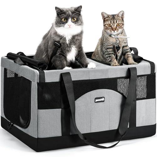 Pecute Dual Compartment Pet Carrier for Multi-Cat Families & Small Dog Owners, Collapsible Dog Crate with Reinforced Steel Frame, Car Safety Design for Travel, Vet Visits & Home Use, Gray - color: Grey