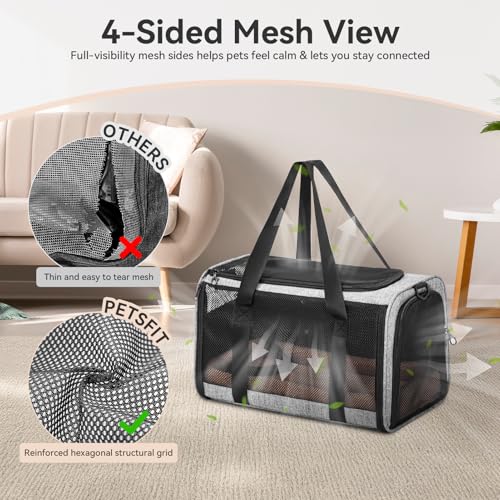 PETSFIT Soft-Sided Cat Carrier with Patented Safety Buckles, Lockable Zippers & Safety Tether,Escape-Resistant Travel Pet Carrier for Car Rides & Vet Visits, Airline Approved Under-Seat, Up to 12 lbs - color: Gray, size: Medium
