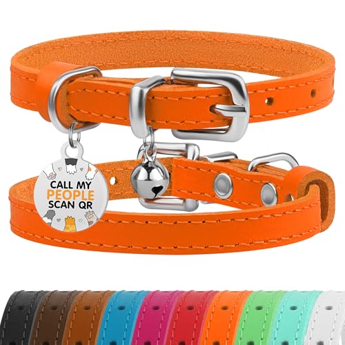 Leather Cat Collar with Removable Bells Non Breakaway Kitten QR Tag for Girl Boy (7" - 9" for Cats, Orange & Silver) - color: Orange & Silver, size: 7 - 9 inch