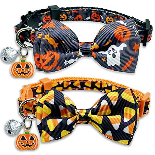 2 Pack Halloween Cat Collar with Bell, Holiday Jack-O-Lantern and Candycorn Collar for Kitty Kitten Male Female Cats (Jack-O-Lantern/Candycorn) - color: Jack-O-Lantern/Trick or Treat