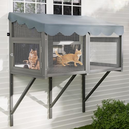 YZU Cat Window Box, Catio Outdoor Cat Enclosure with Sunpanel for Sunbathing, Napping & Overlooking, Wooden Window Perch House Hammock with Waterproof Roof for All-Weather Use