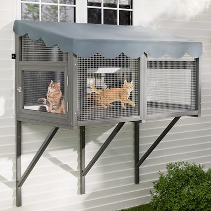 YZU Cat Window Box, Catio Outdoor Cat Enclosure with Sunpanel for Sunbathing, Napping & Overlooking, Wooden Window Perch House Hammock with Waterproof Roof for All-Weather Use
