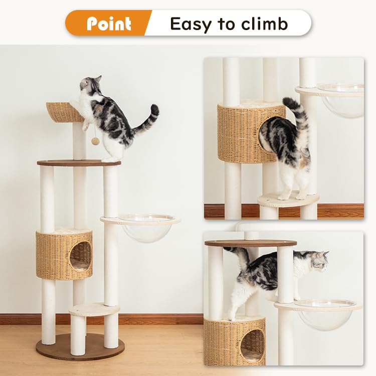 Modern Cat Tree for Large Cat, 57-Inch Tall Cat Tower with Scratching Post for Indoor Cats, Multi-Level Cat Condo with Hand-Woven Cat Bed and Acrylic Bowl Easy to Clean (Y909) - color: Brown Y909
