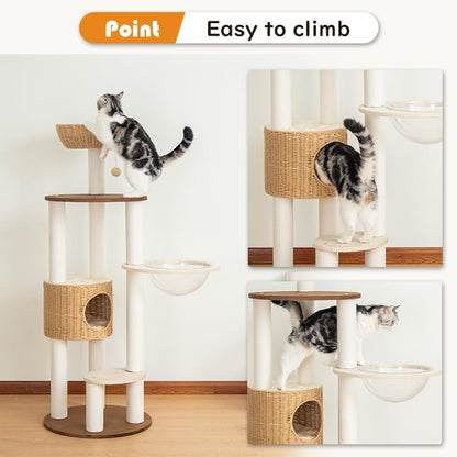 Modern Cat Tree for Large Cat, 57-Inch Tall Cat Tower with Scratching Post for Indoor Cats, Multi-Level Cat Condo with Hand-Woven Cat Bed and Acrylic Bowl Easy to Clean (Y909) - color: Brown Y909
