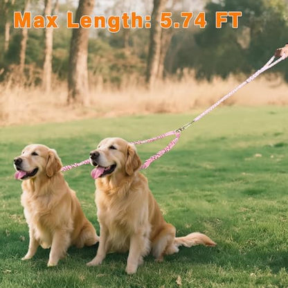 Double Dog Leash – Tangle-Free Dual Leash with 360° Swivel, Shock Absorbing Bungee, Reflective Stitching & Hand-Braided Main Rope (Supports Up to 440 lbs, Pink) - color: Pink