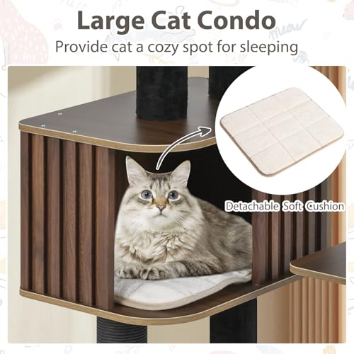 PETSITE 59.5 Inches Modern Cat Tree, Multi-Level Cat Tower with Scratching Posts, Large Condo with Removable Pad, Cushioned Soft Top Perch, and Interactive Dangling Ball (Brown) - color: Brown