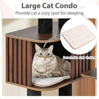 PETSITE 59.5 Inches Modern Cat Tree, Multi-Level Cat Tower with Scratching Posts, Large Condo with Removable Pad, Cushioned Soft Top Perch, and Interactive Dangling Ball (Brown) - color: Brown