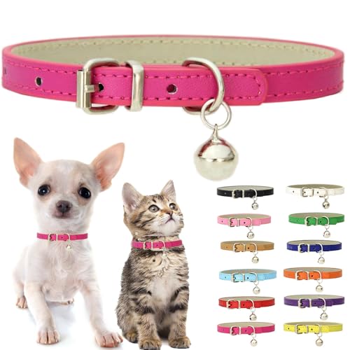 Hot Pink Puppy Collar with Bell, Soft Pu Leather Cat Collars Adjustable Buckle for XXS XS Extra Small Medium Tiny Female Girls Pets Dogs Kitten Teacup Yorkie S - color: Hot Pink, size: S for Neck 10"-13"