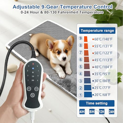 Heated Dog Bed 20x20 Inch Plush Dog Mattress with 9-Level Adjustable Settings, Removable Machine-Washable Cover, Non-Slip Bottom, Gray - size: Small
