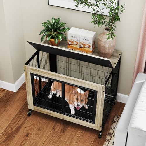 PETSITE Portable Dog Crate Furniture, 38 Inch Wooden Dog Kennel Side Table with Flip-up Top, 3 Lockable Doors and Removable Tray, Ideal for Small to Medium Dogs (Grey) - color: Grey