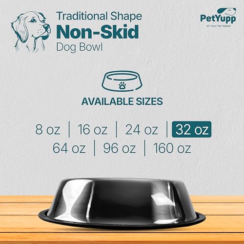 Stainless Steel Non Skid Dog Bowl – Non-Slip Rubber Base, Rust-Proof & Dishwasher Safe – Durable Food and Water Bowl for Dogs and Cats – 32oz - size: Non Skid Bowl - 32 oz