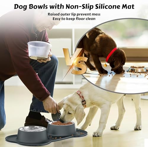 Dog Food Bowls Stainless Steel Dog Food & Water Bowl Set with No Spill Non-Skid Silicone Mat, Dog Dishes Pet Feeding Bowls for Small Medium Large Sized Dogs Cat Puppy Food Bowl, Grey, 4 Cup - color: Grey, size: 4¾ Cup/38 oz each
