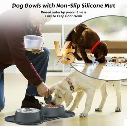 Dog Food Bowls Stainless Steel Dog Food & Water Bowl Set with No Spill Non-Skid Silicone Mat, Dog Dishes Pet Feeding Bowls for Small Medium Large Sized Dogs Cat Puppy Food Bowl, Grey, 4 Cup - color: Grey, size: 4¾ Cup/38 oz each