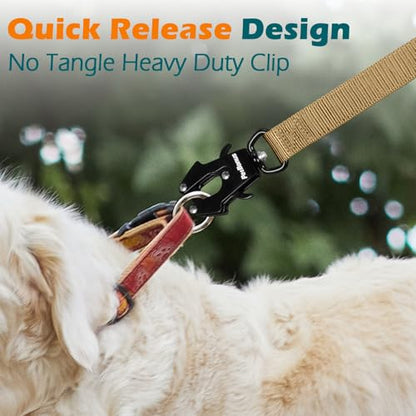 Heavy Duty Tactical Dog Leash, 5 FT Bungee Shock Absorption Leash with 2 Padded Handles, Quick Release Metal Clip, Car Seatbelt, No Pull Training Lead for Large Medium Dogs（Khaki） - color: Khaki