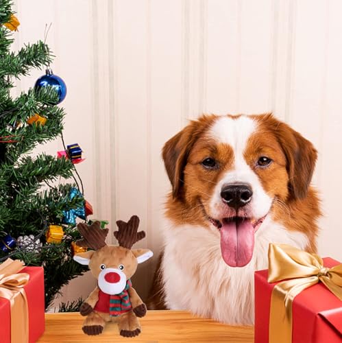 Blnboimrun Christmas Reindeer Plush Dog Toy with Squeaker, Holiday Chew Toys for Puppy Teething, Interactive Stuffed Animal with Crinkle Paper for Small Medium Dogs, Best Gift for Pets - color: Brown Reindeer