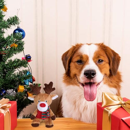 Blnboimrun Christmas Reindeer Plush Dog Toy with Squeaker, Holiday Chew Toys for Puppy Teething, Interactive Stuffed Animal with Crinkle Paper for Small Medium Dogs, Best Gift for Pets - color: Brown Reindeer