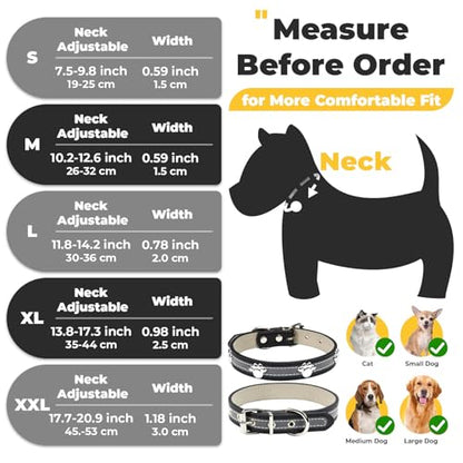 PETCARE Reflective Dog Collar with Cute Paw Rivet Studded Funny Soft PU Leather Adjustable Puppy Dog Collars for Small Medium Large Dogs Cats (Black,Medium) - color: Black, size: M( Neck 10.23"-12.59")