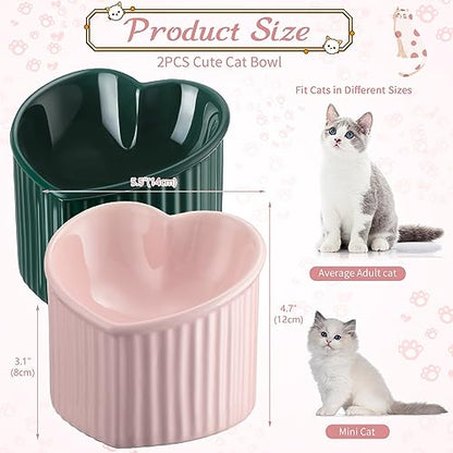 Mumufy 2 Pcs Ceramic Elevated Cat Bowls Tilted Elevated Raised Pet Bowls Anti Vomit Cat Dish for Indoor Stress Free Water Dish Feeder for Puppies, Heart Shaped(Pink, Peacock Green) - color: Pink, Peacock Green