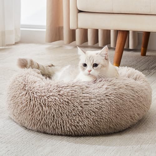 Calming Dog Bed & Cat Bed, Anti-Anxiety Donut Cuddler Warming Cozy Soft Round Fluffy Faux Fur Plush Cushion Bed for Small Medium Dogs and Cats (20"/24"/27"/30") - color: Brown, size: 20.0"L x 20.0"W x 6.0"Th