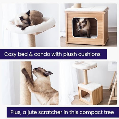 Catry 29.7" Tall 3 Level Laminated Wood Cat Tree with Large Base Condo, 2 Paded Steps, Natural Jute Scratching Post, Sturdy and Easy to Assemble for Small Cat, Brown - color: Brown