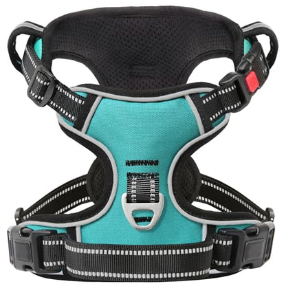No Pull Dog Harness, Release at Neck Reflective 3 Snap Buckles Adjustable No Choke Pet Vest with Front & Back 2 Leash Clips, Soft Padded Control Training Handle for Small Medium Large Dogs - color: Lock-Turquoise, size: Medium (Pack of 1)