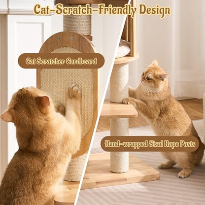 Modern Solid Wood Cat Tree for Indoor Cats Large Adult, 50in Tall Cat Tower with Sisal Scratching Posts, Cat Scratcher Cardboard, Cozy Cat Beds Cave Condo, Multi-Level Cat Furniture - color: Natural