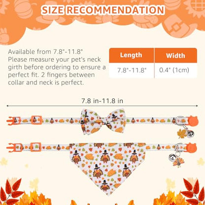 SCENEREAL Fall Thanksgiving Cat Bandana Collar with Bell Bowtie - 2 Pack Breakaway Kitten Collars, Adjustable Cute Pet Accessories for Cats and Small Dogs - color: Bandanas & Bow (Thanksgiving Print)